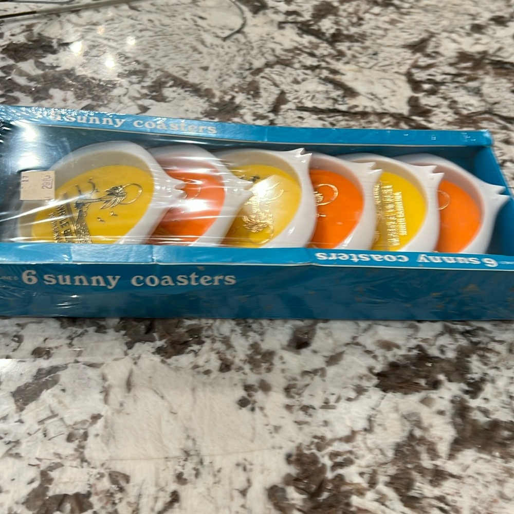 Old school vintage retro style set of 6 sunny coasters from late 50’s-60’s cool